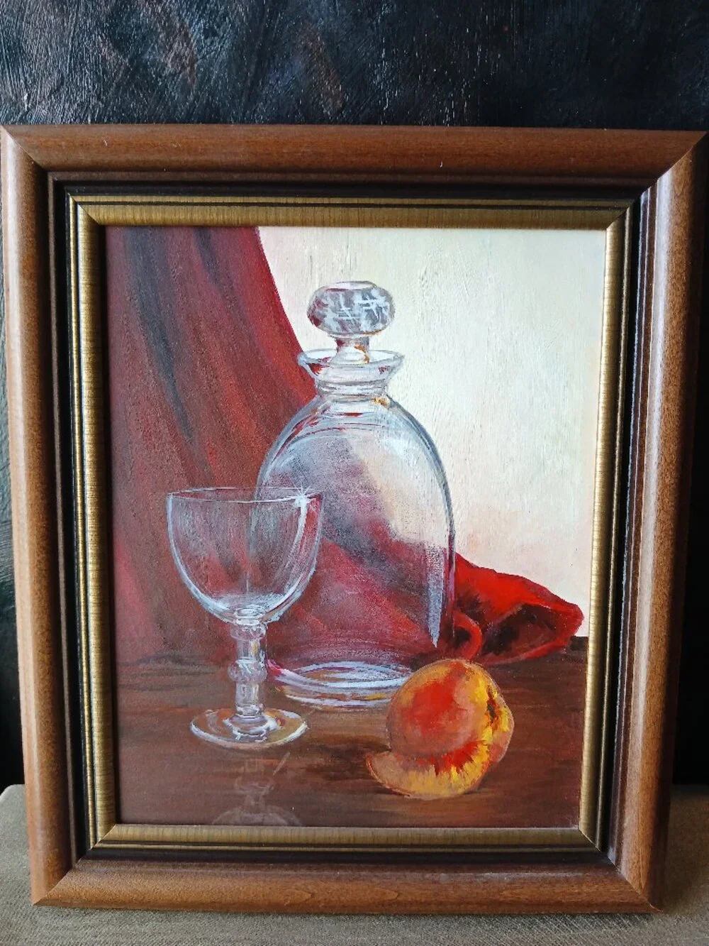 Vintage Still Life Oil Painting, Glass Decanter with Peach, BarCore